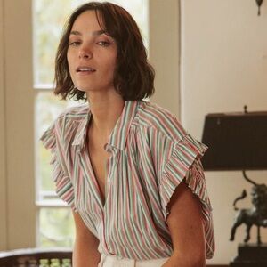 Trovata - Marianne "B" Ruffle Sleeve Shirt in Honeysuckle Stripe